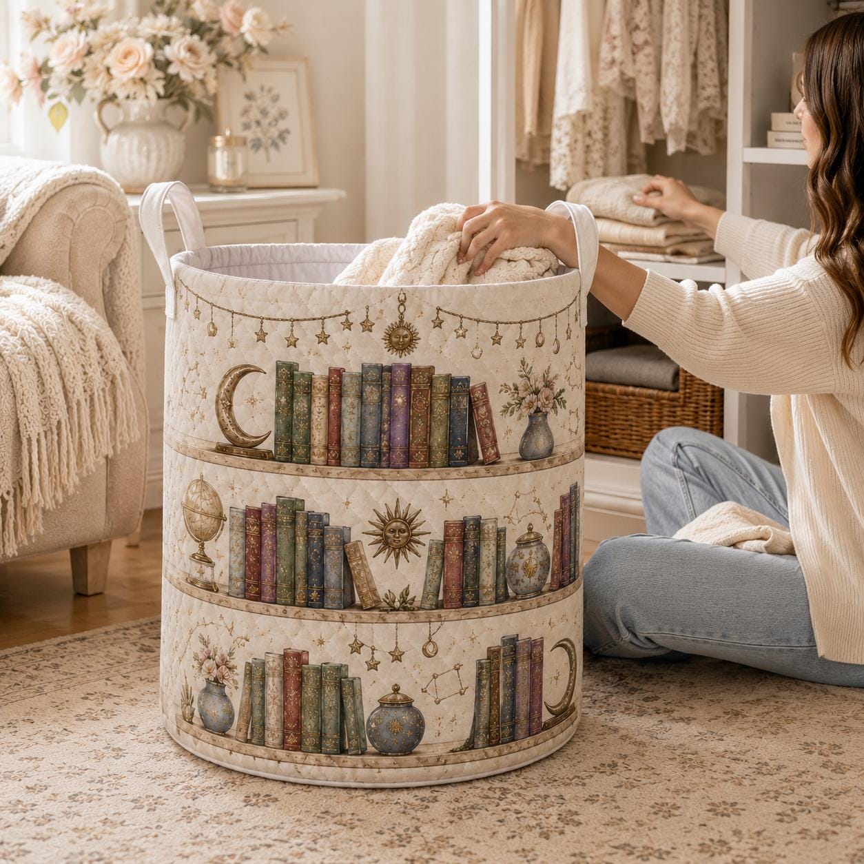 Celestial Bookshelf Quilted Style Fabric Laundry Basket with Moon and Stars – Cozy Nursery Room Decor Hamper Storage Bin for Book Lover - photo 6