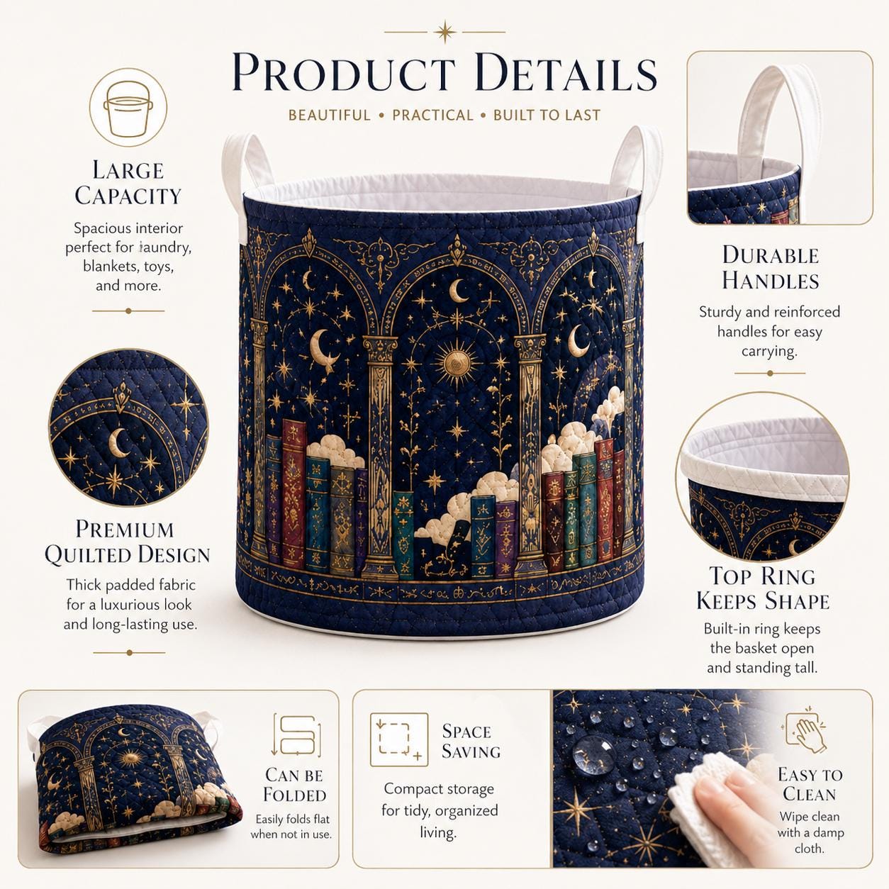 Celestial Bookshelf Quilted Style Fabric Laundry Basket with Moon and Stars – Cozy Nursery Room Decor Hamper Storage Bin for Book Lover - photo 7