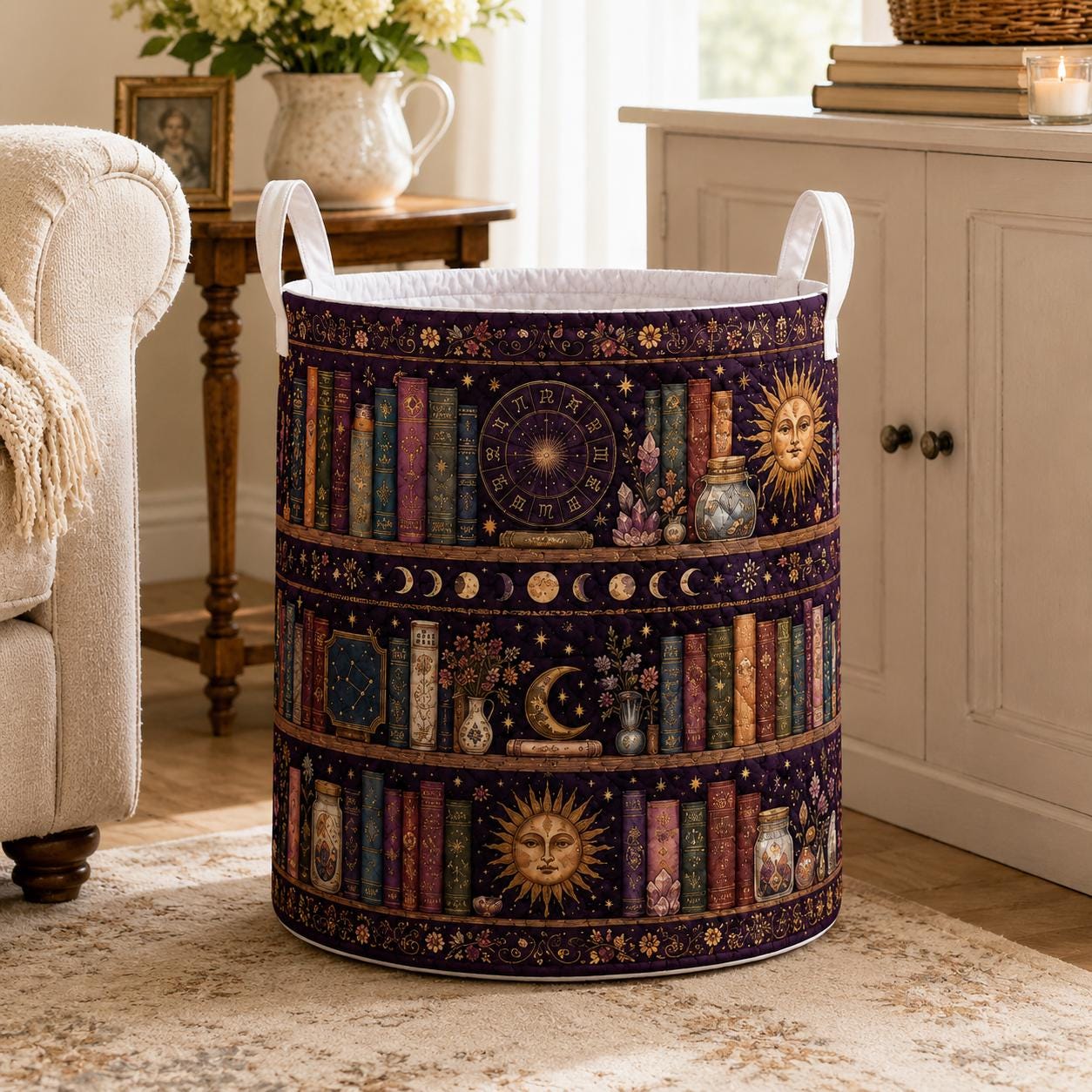 Celestial Bookshelf Quilted Style Fabric Laundry Basket with Moon and Stars – Cozy Nursery Room Decor Hamper Storage Bin for Book Lover - photo 9