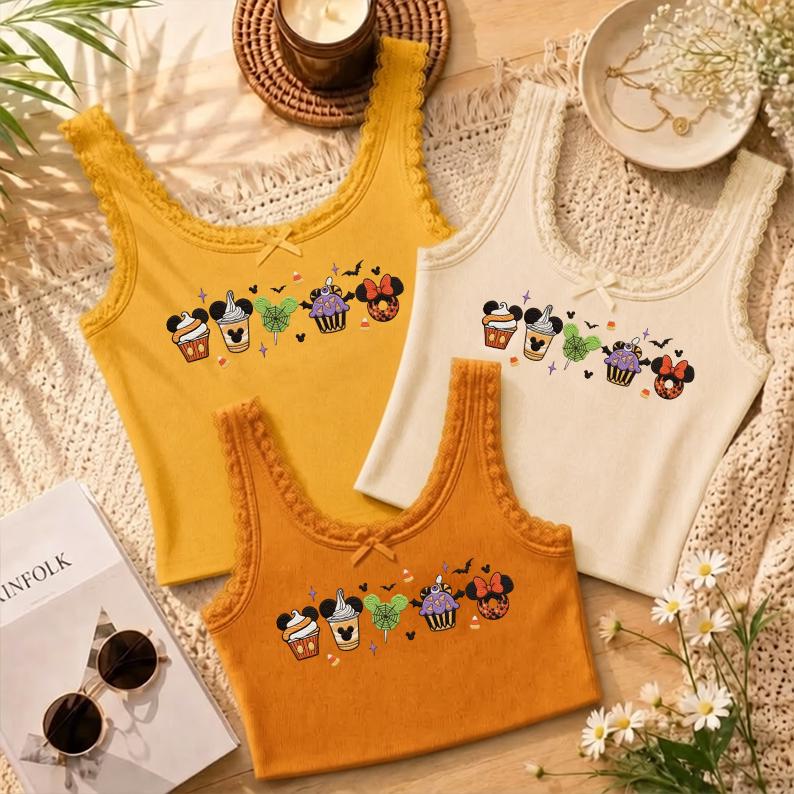 Embroidered Disney Snacks Fall Halloween Baby Tee Crop Tank – Magical Mickey's Not So Scary Halloween Lace Trim Tank Top