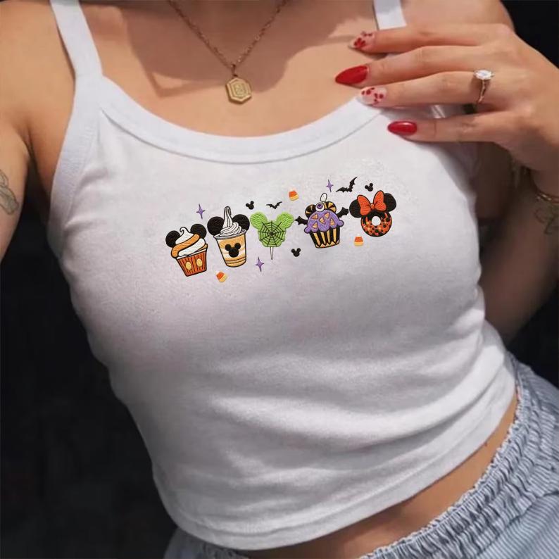 Embroidered Disney Snacks Fall Halloween Baby Tee Crop Tank – Magical Mickey's Not So Scary Halloween Lace Trim Tank Top - photo 5