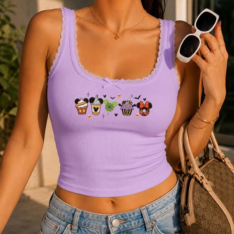 Embroidered Disney Snacks Fall Halloween Baby Tee Crop Tank – Magical Mickey's Not So Scary Halloween Lace Trim Tank Top - photo 6