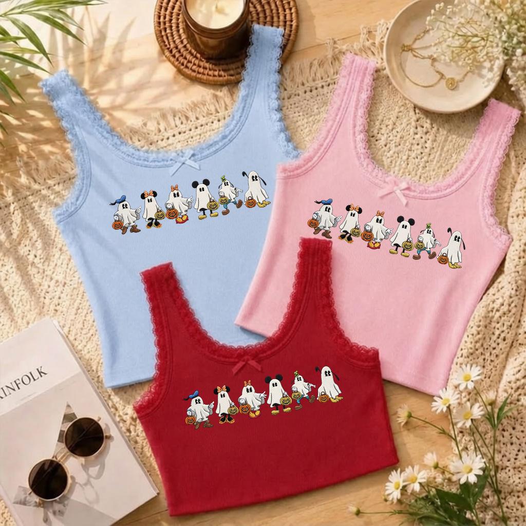 Embroidered Disney Halloween Ghosts Lace Trim Tank Top with Mickey and Friends – WDW Disneyland Halloween Baby Tee Crop Tank - photo 2