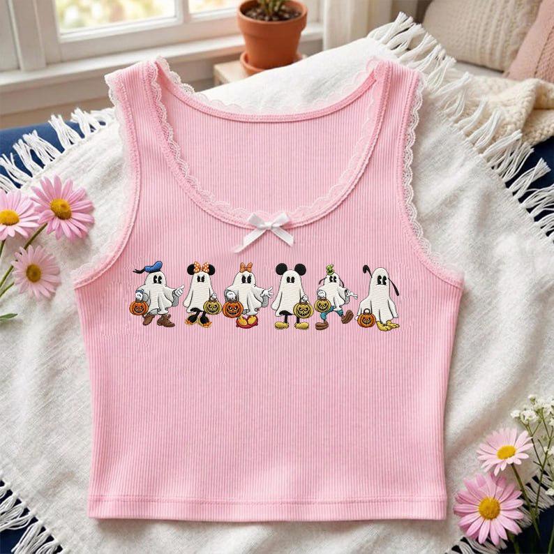 Embroidered Disney Halloween Ghosts Lace Trim Tank Top with Mickey and Friends – WDW Disneyland Halloween Baby Tee Crop Tank - photo 4
