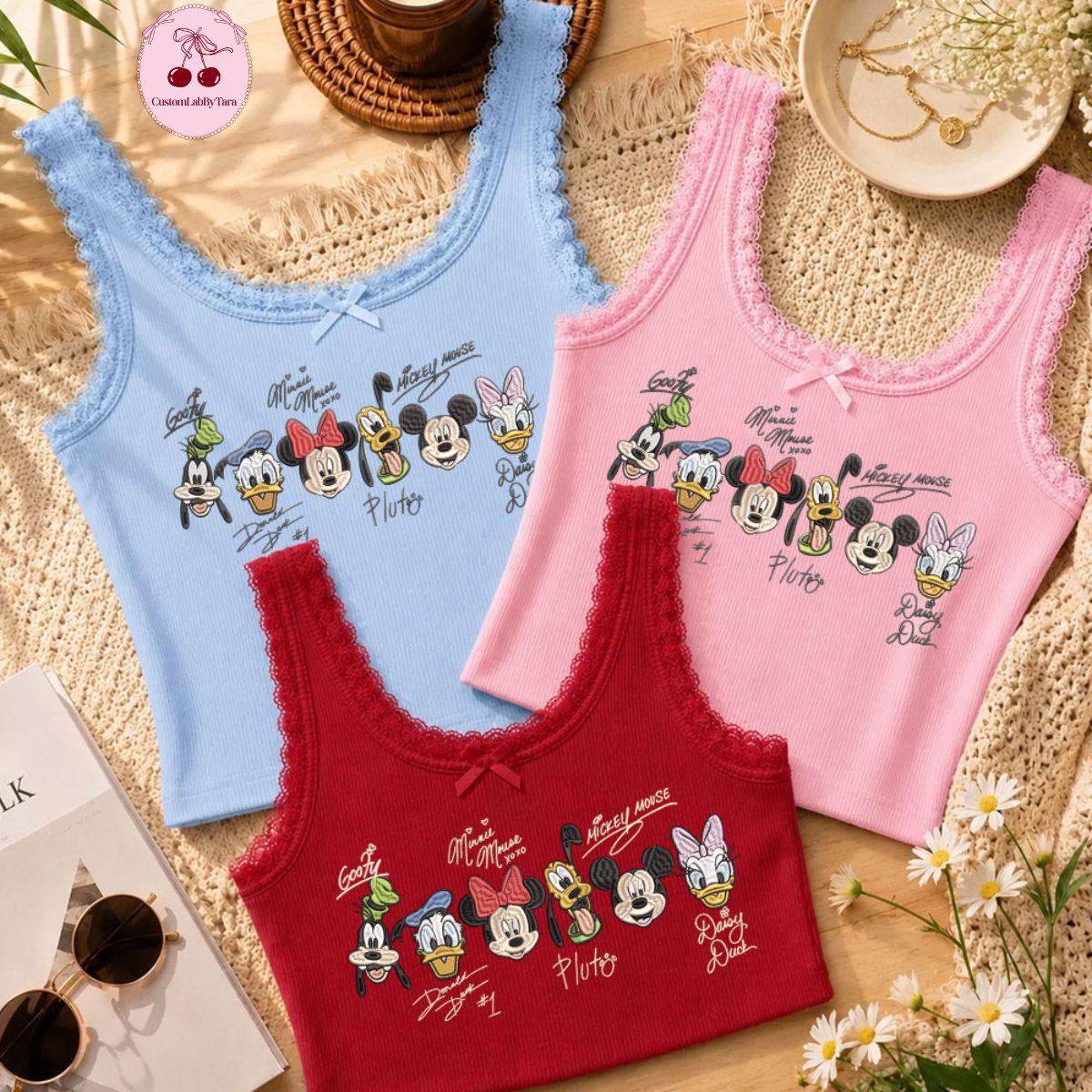 Embroidered Disney Mickey and Friends Signatures Lace Trim Tank Top with Cute Ribbed Trim – Girls Trip Baby Tee Crop Tank for Women