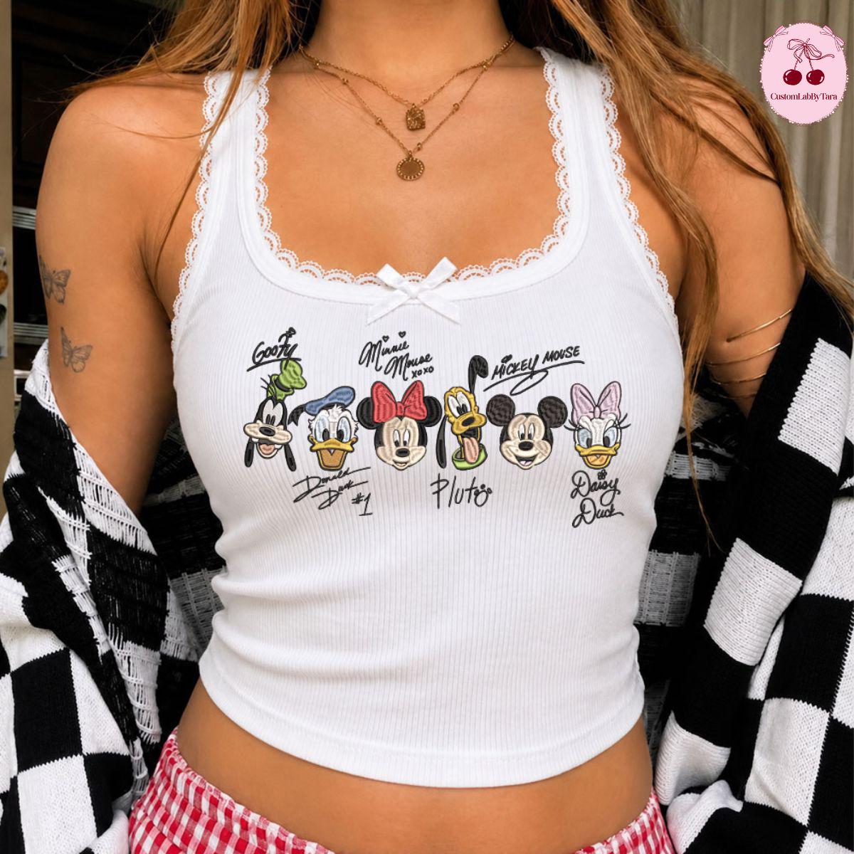 Embroidered Disney Mickey and Friends Signatures Lace Trim Tank Top with Cute Ribbed Trim – Girls Trip Baby Tee Crop Tank for Women - photo 2
