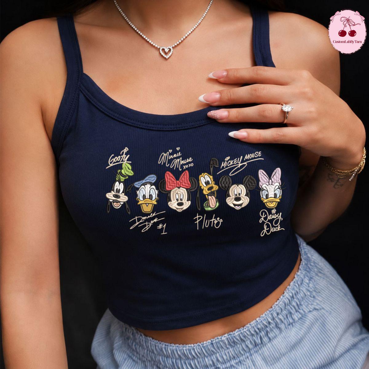 Embroidered Disney Mickey and Friends Signatures Lace Trim Tank Top with Cute Ribbed Trim – Girls Trip Baby Tee Crop Tank for Women - photo 4