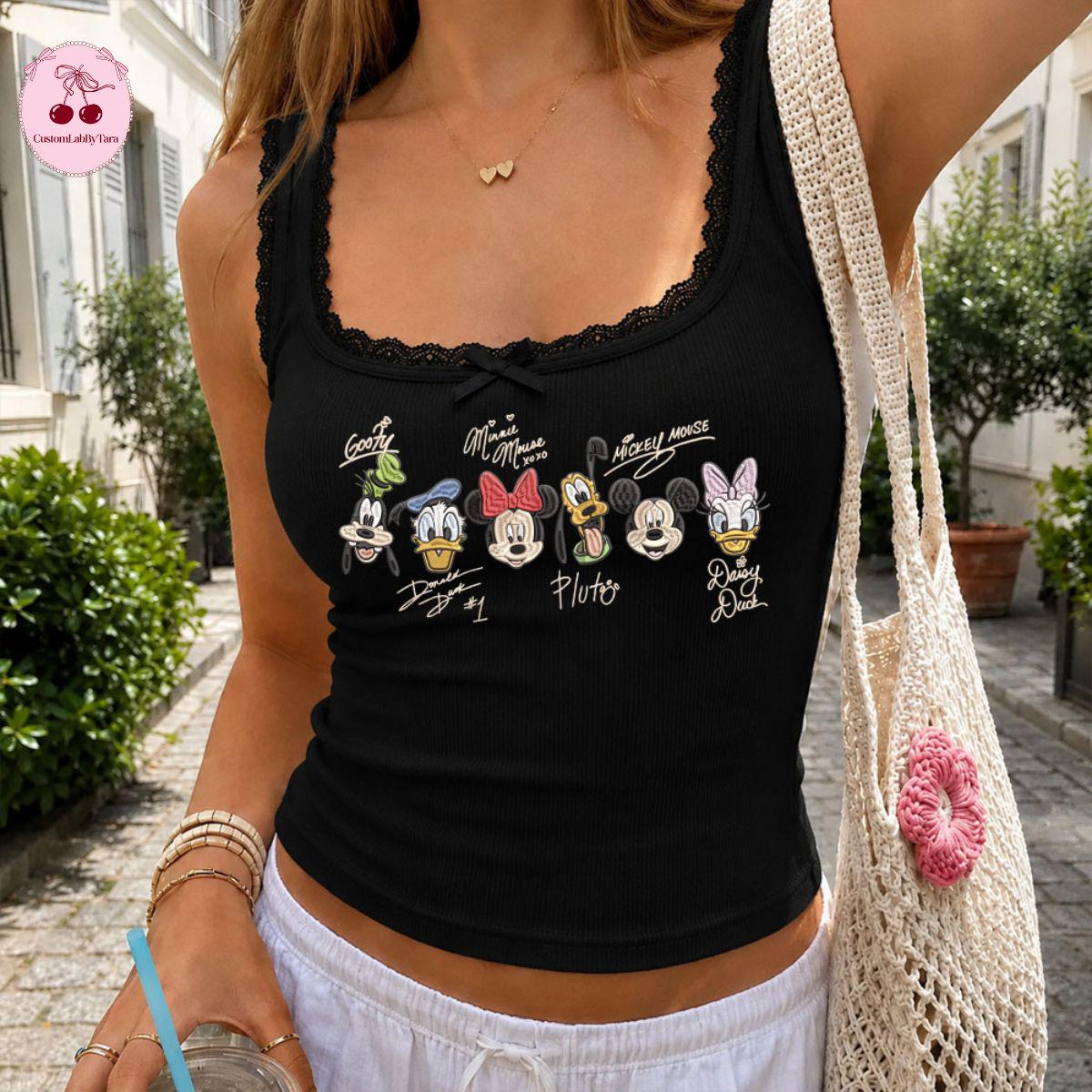 Embroidered Disney Mickey and Friends Signatures Lace Trim Tank Top with Cute Ribbed Trim – Girls Trip Baby Tee Crop Tank for Women - photo 5
