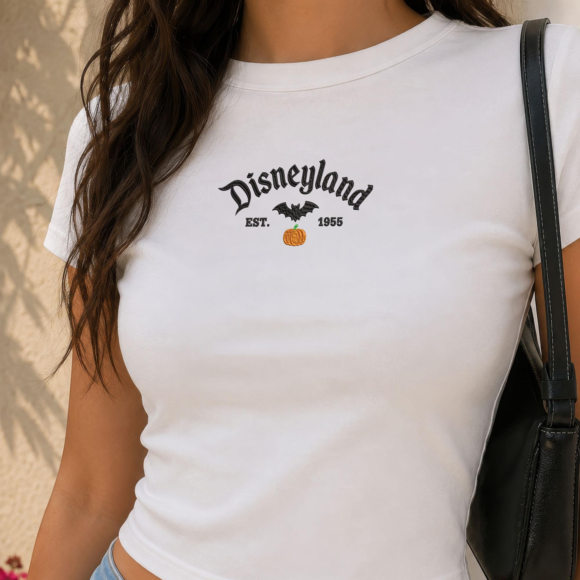 Embroidered Disneyland Baby Tee with Spooky Pumpkin and Bat Shirt – Vintage Halloween Disney Theme Park Trip Top Gift for Her