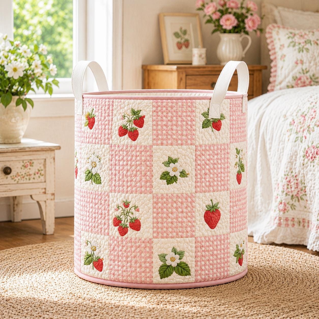 Strawberry Floral Quilted Style Fabric Clothes Laundry Basket – Cottagecore Nursery Bedroom Organizer and Storage Bin