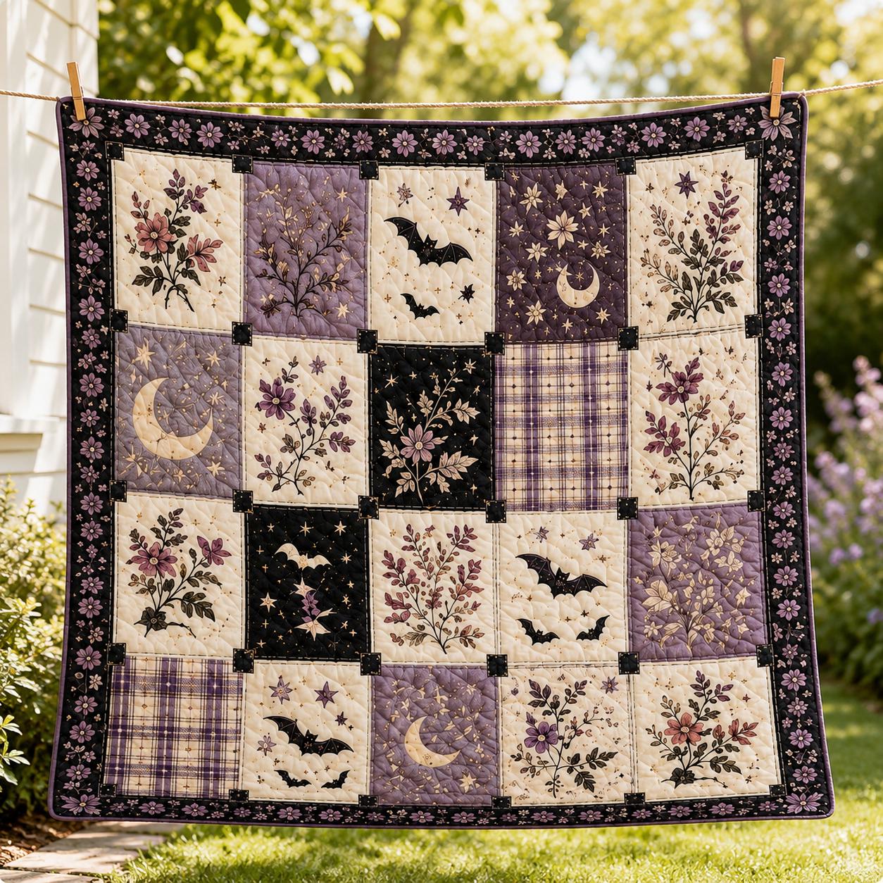 Patchwork Quilt Blanket with Halloween Autumn Bats and Leaves Throw for Rustic Harvest Decor Gift