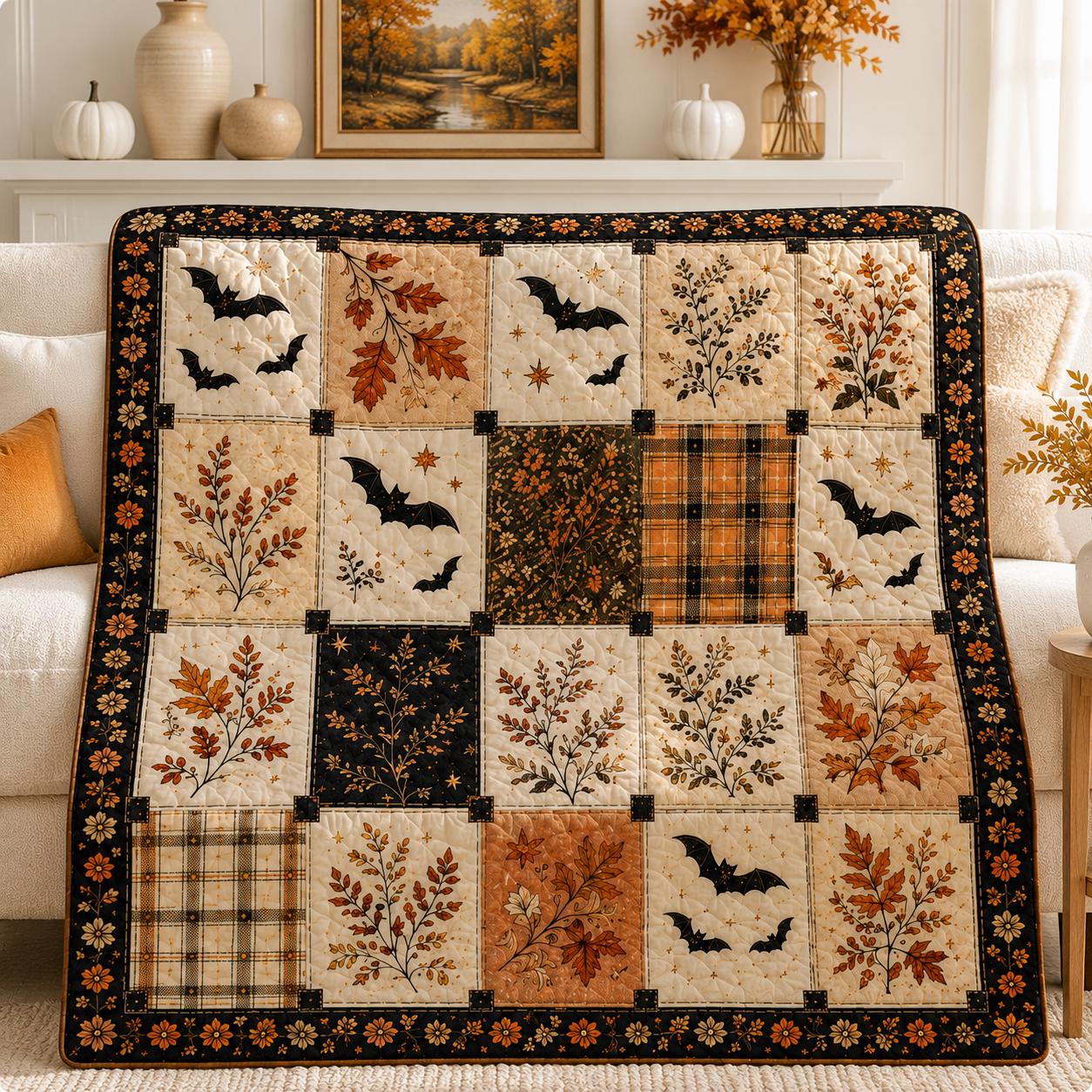 Patchwork Quilt Blanket with Halloween Autumn Bats and Leaves Throw for Rustic Harvest Decor Gift - photo 2