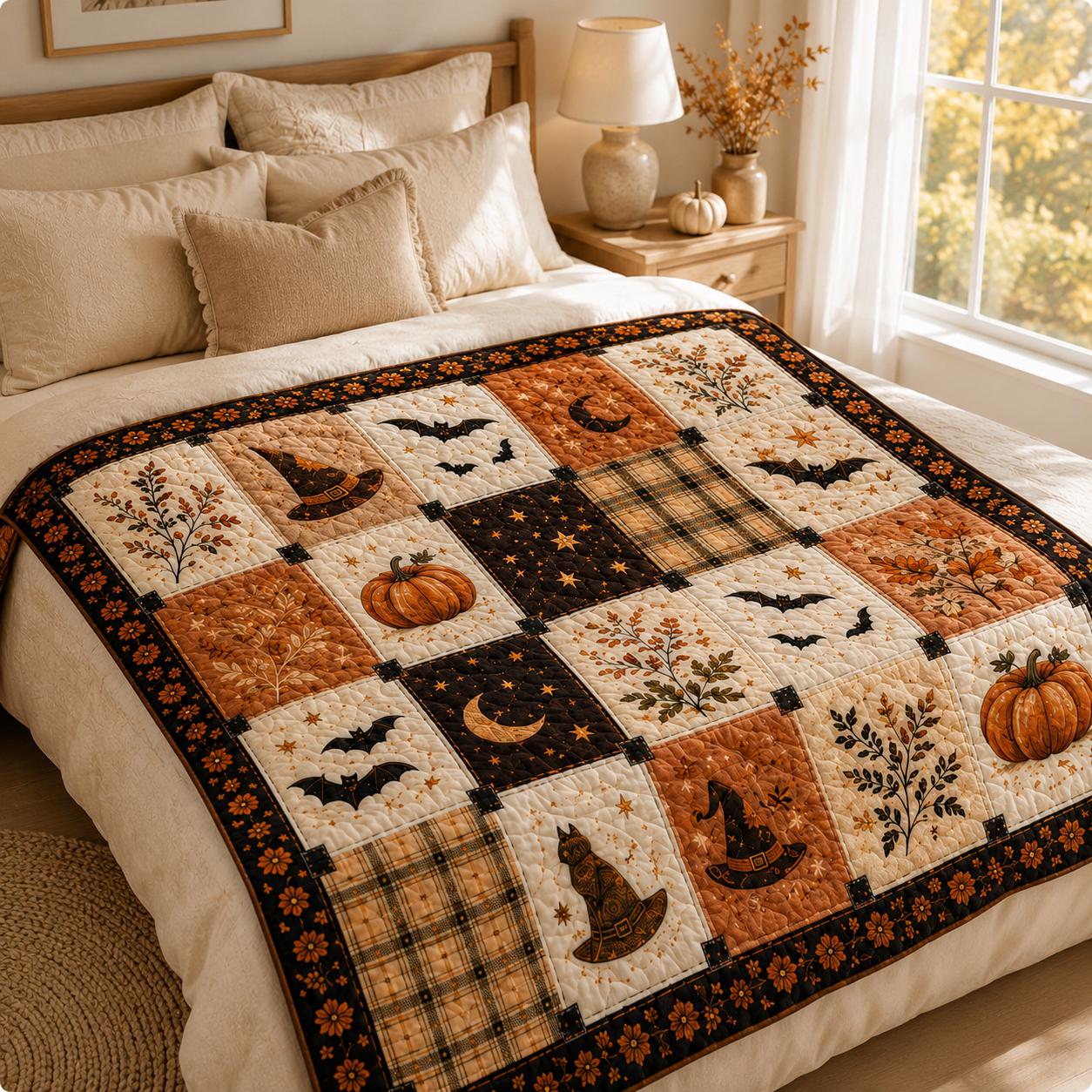 Patchwork Quilt Blanket with Halloween Autumn Bats and Leaves Throw for Rustic Harvest Decor Gift - photo 4