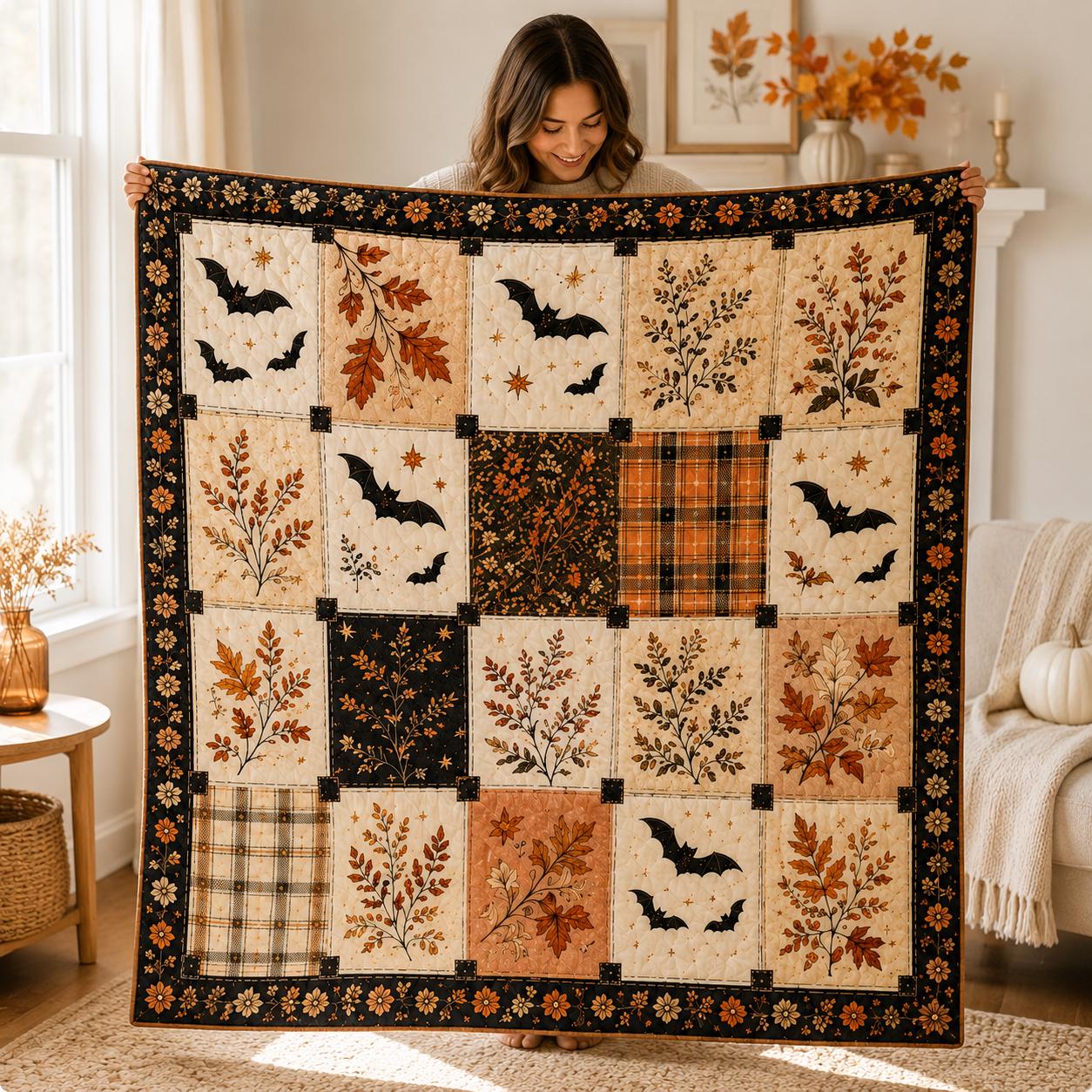 Patchwork Quilt Blanket with Halloween Autumn Bats and Leaves Throw for Rustic Harvest Decor Gift - photo 6