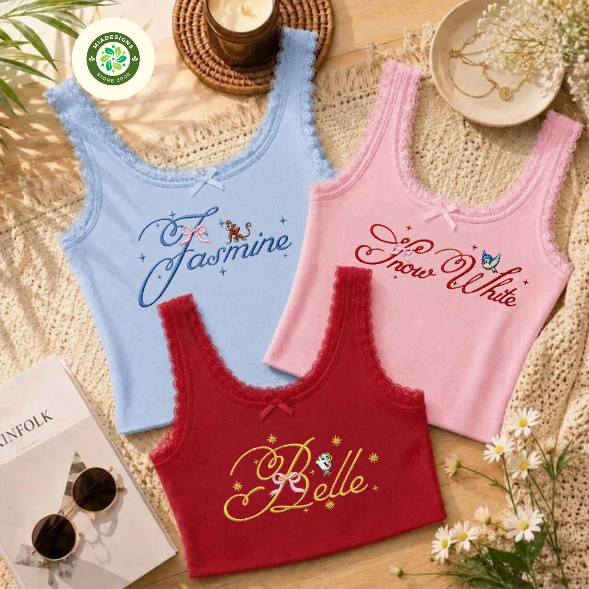 Embroidered Retro Coquette Bow Disney Princess Lace Trim Tank Top Baby Tee with Cinderella Belle Ariel and Rapunzel for Girls Trip