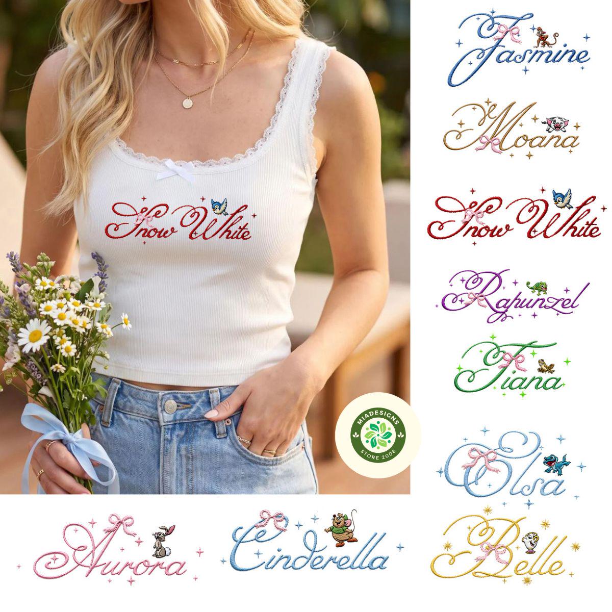 Embroidered Retro Coquette Bow Disney Princess Lace Trim Tank Top Baby Tee with Cinderella Belle Ariel and Rapunzel for Girls Trip - photo 2