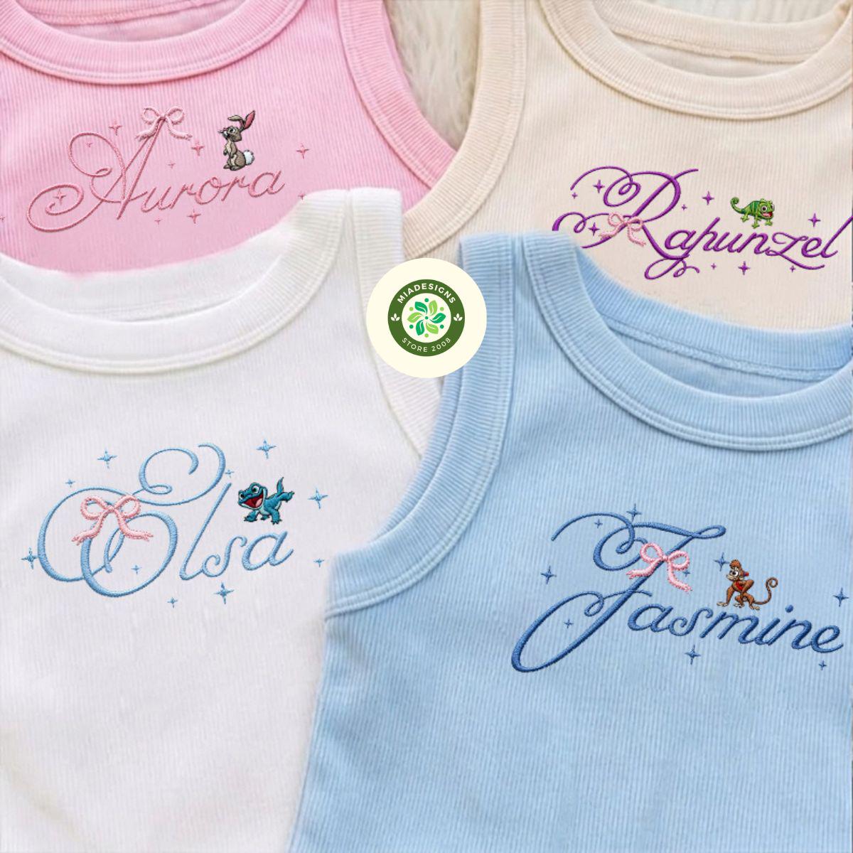 Embroidered Retro Coquette Bow Disney Princess Lace Trim Tank Top Baby Tee with Cinderella Belle Ariel and Rapunzel for Girls Trip - photo 3