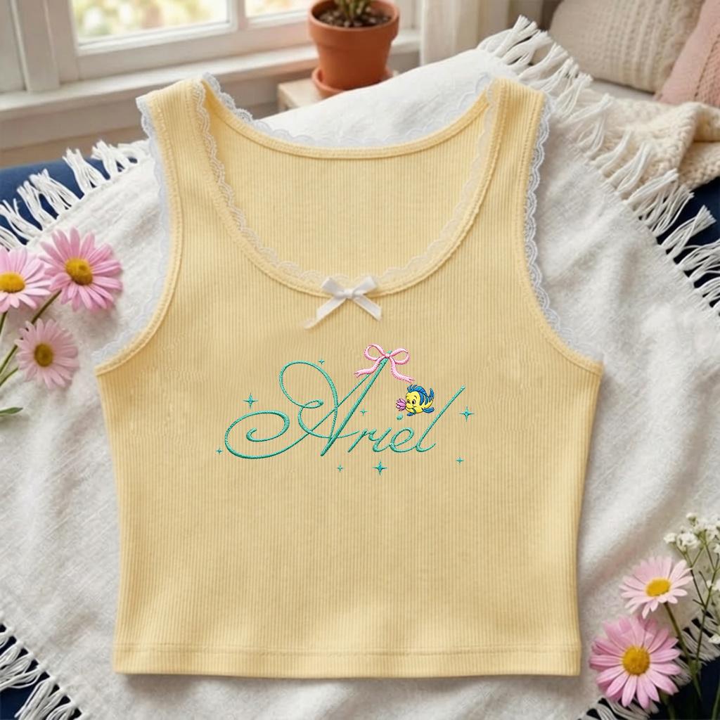 Embroidered Retro Coquette Bow Disney Princess Lace Trim Tank Top Baby Tee with Cinderella Belle Ariel and Rapunzel for Girls Trip - photo 5