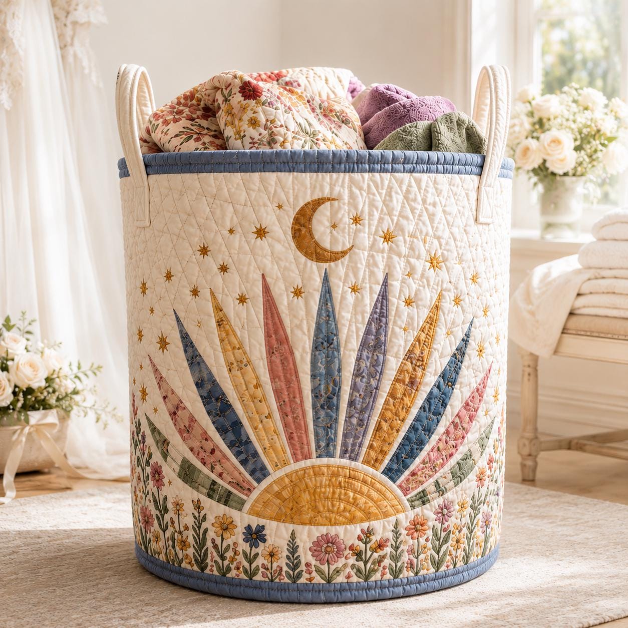 Sunburst Wildflower Floral Quilted Style Laundry Basket – Boho Cottagecore Hamper and Storage Bin