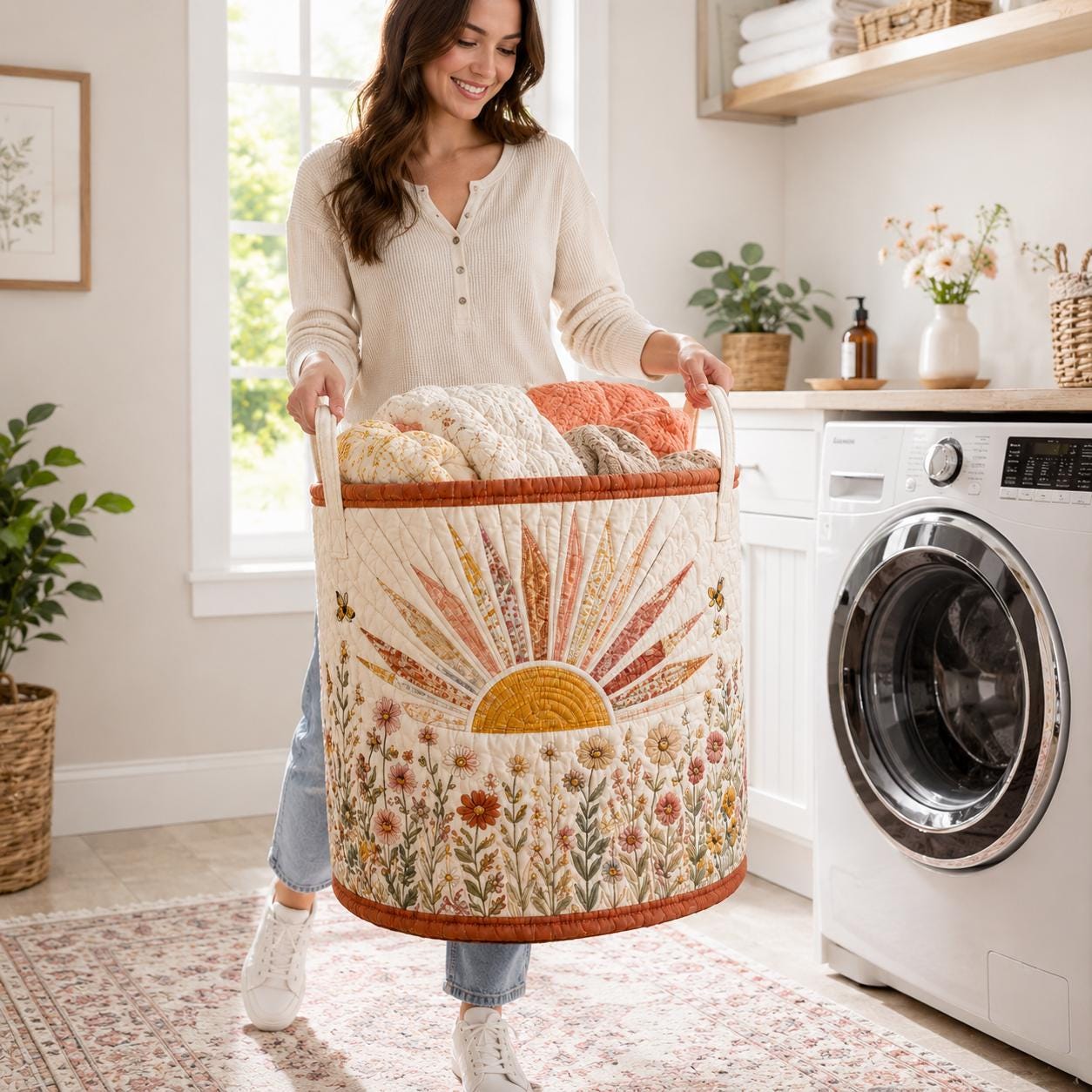 Sunburst Wildflower Floral Quilted Style Laundry Basket – Boho Cottagecore Hamper and Storage Bin - photo 2