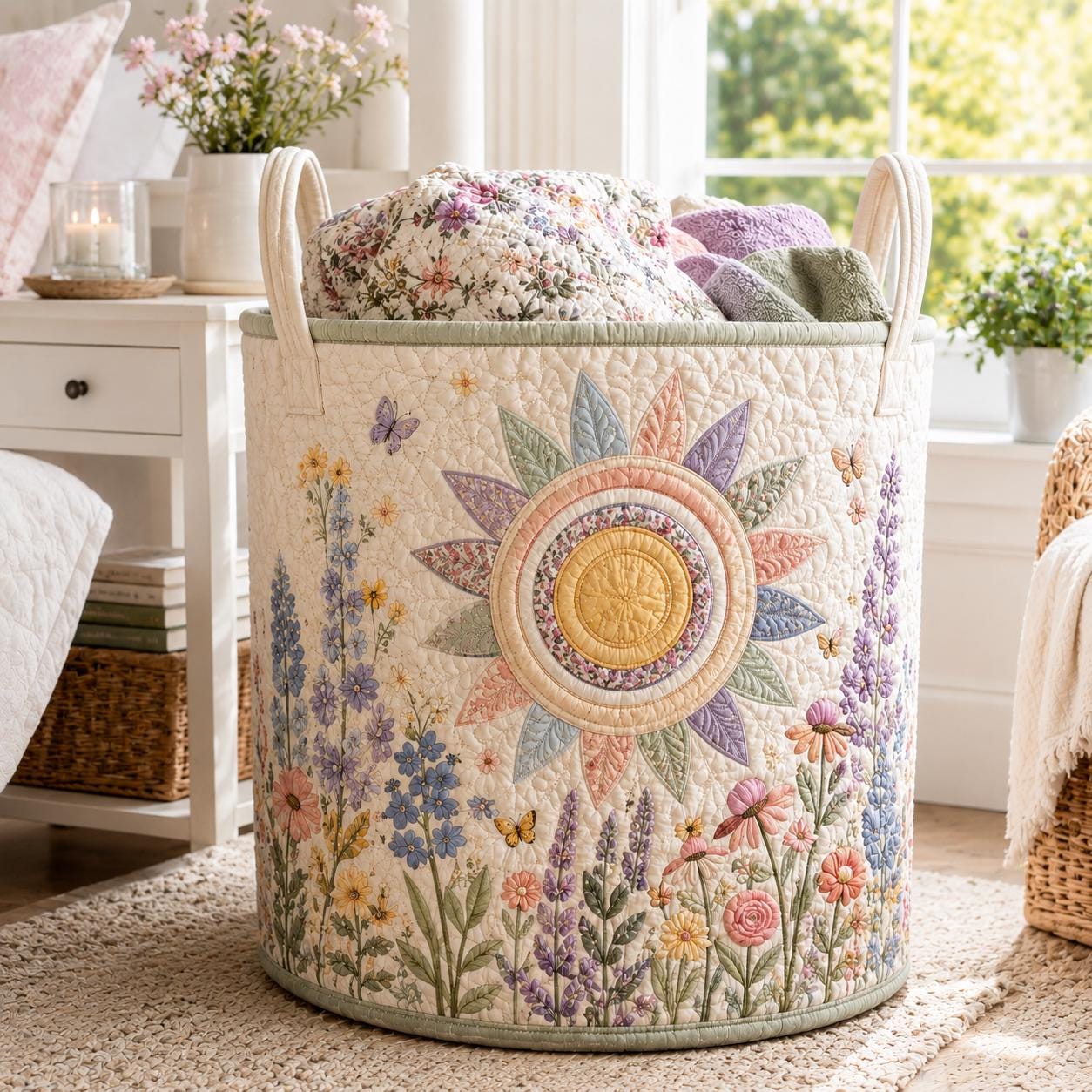 Sunburst Wildflower Floral Quilted Style Laundry Basket – Boho Cottagecore Hamper and Storage Bin - photo 4