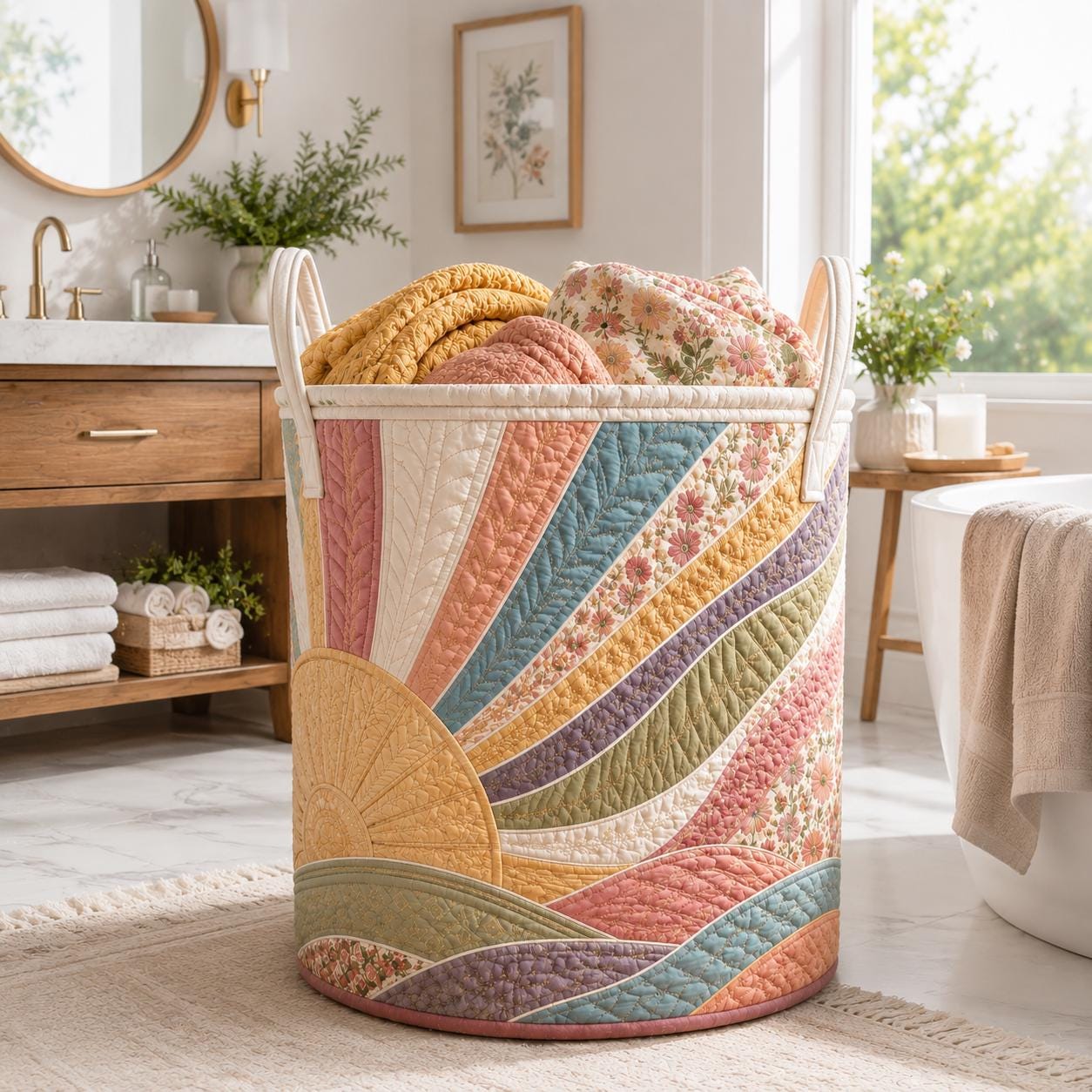 Sunburst Wildflower Floral Quilted Style Laundry Basket – Boho Cottagecore Hamper and Storage Bin - photo 7