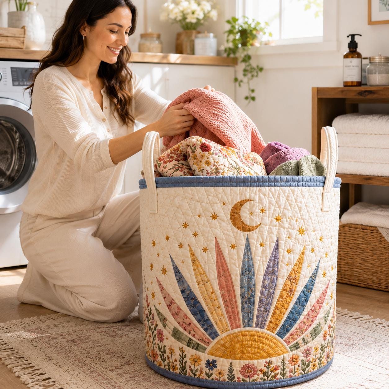 Sunburst Wildflower Floral Quilted Style Laundry Basket – Boho Cottagecore Hamper and Storage Bin - photo 8