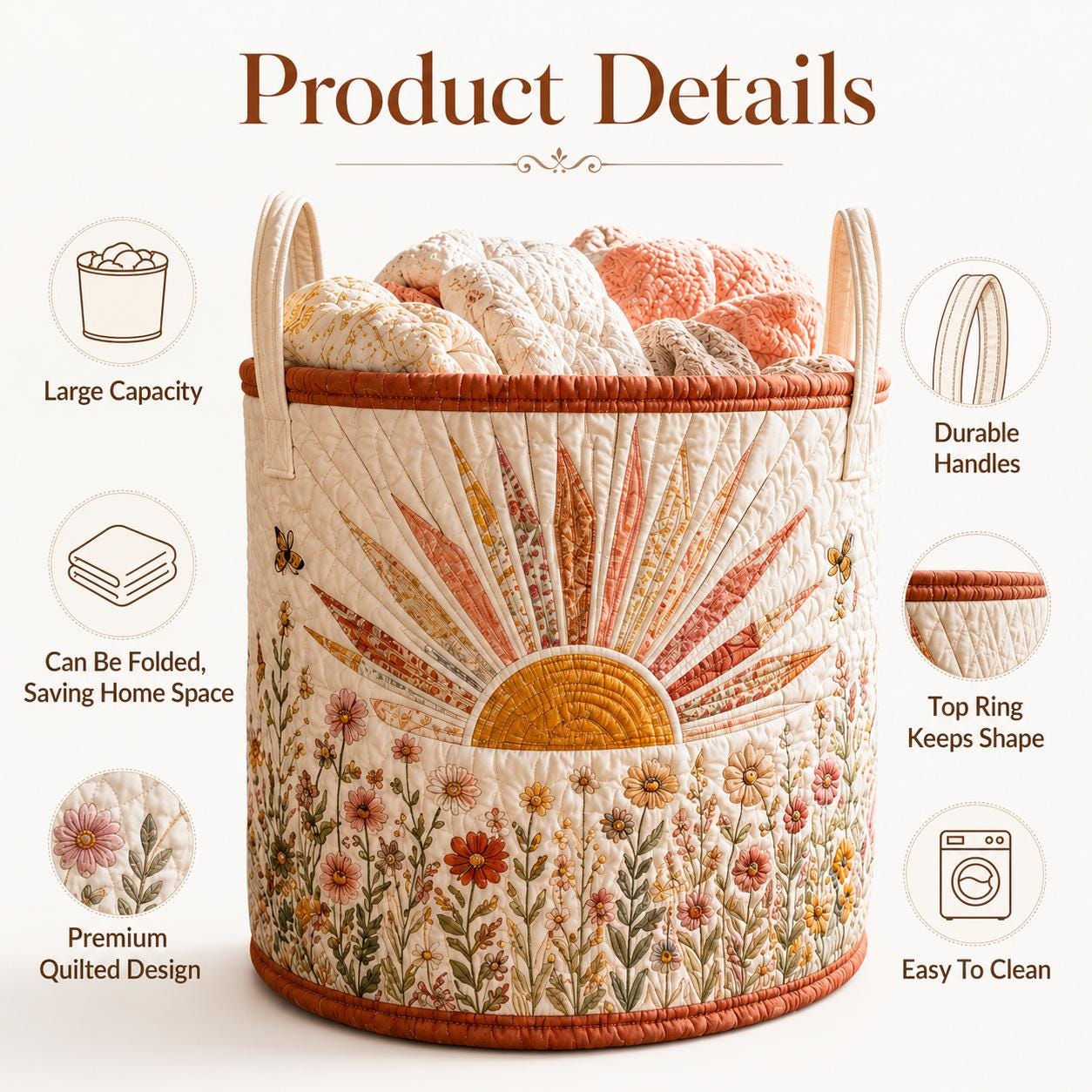Sunburst Wildflower Floral Quilted Style Laundry Basket – Boho Cottagecore Hamper and Storage Bin - photo 9