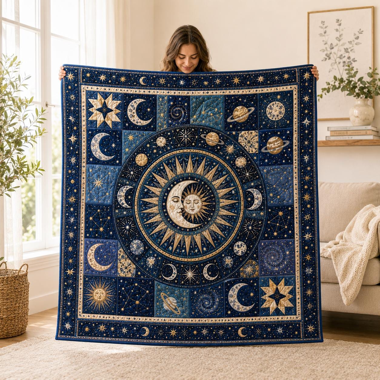 Quilt Blanket with Celestial Moon Stars Patchwork Bedding for Navy Cosmic Bedspread and Astronomy Quilts