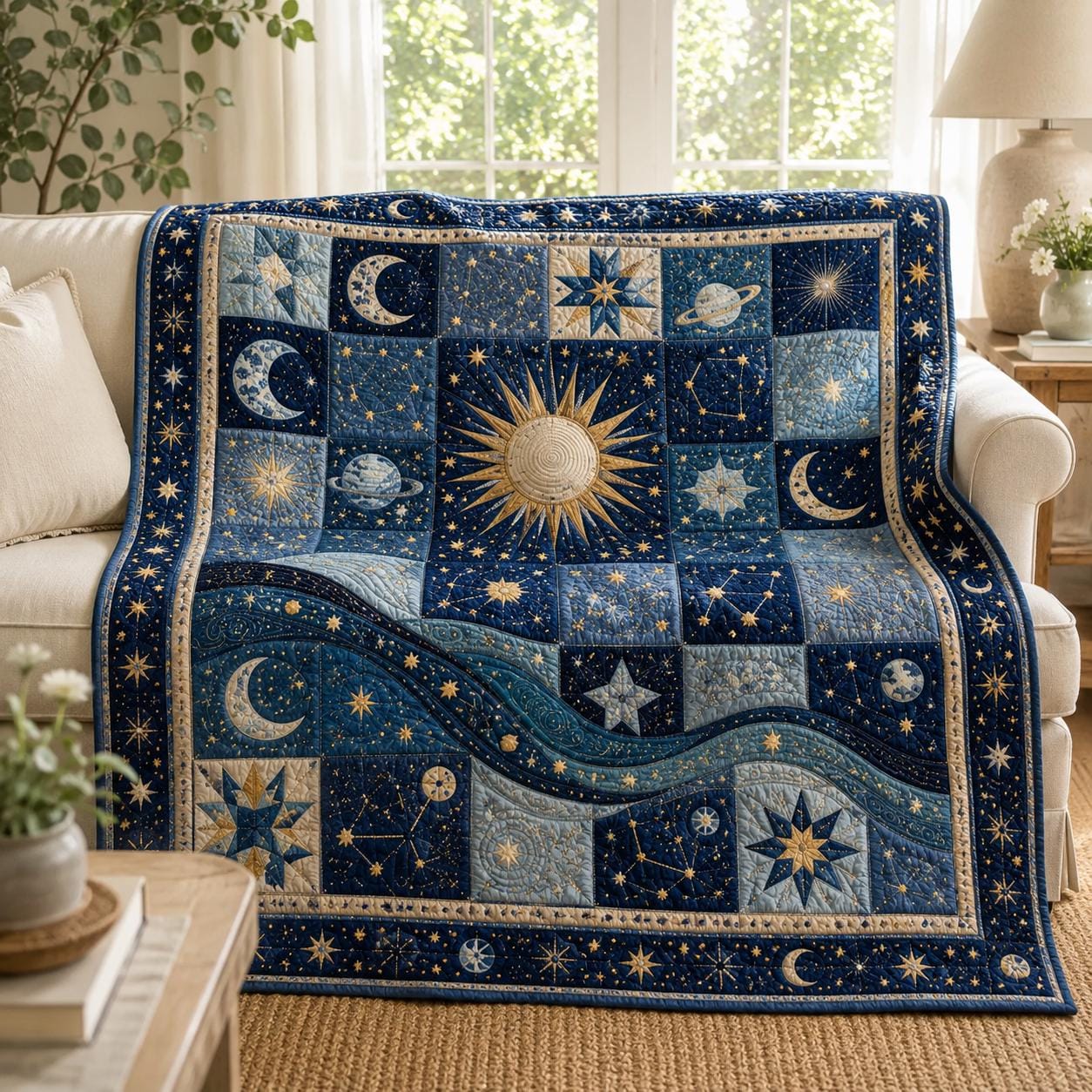 Quilt Blanket with Celestial Moon Stars Patchwork Bedding for Navy Cosmic Bedspread and Astronomy Quilts - photo 2