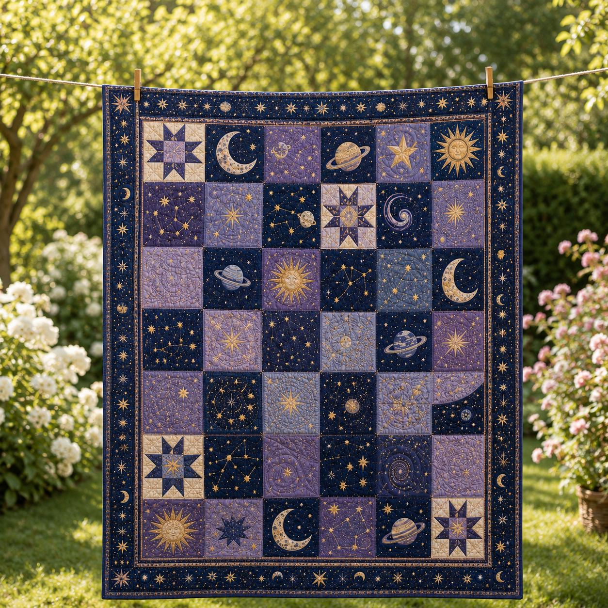 Quilt Blanket with Celestial Moon Stars Patchwork Bedding for Navy Cosmic Bedspread and Astronomy Quilts - photo 3