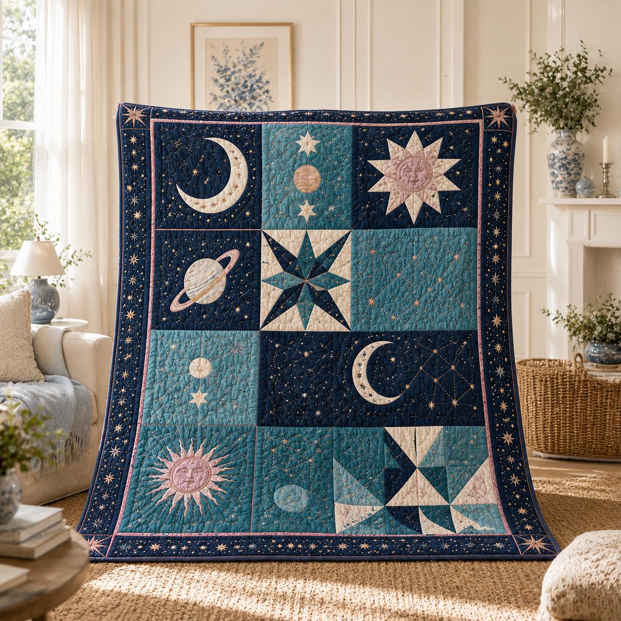 Quilt Blanket with Celestial Moon Stars Patchwork Bedding for Navy Cosmic Bedspread and Astronomy Quilts - photo 4