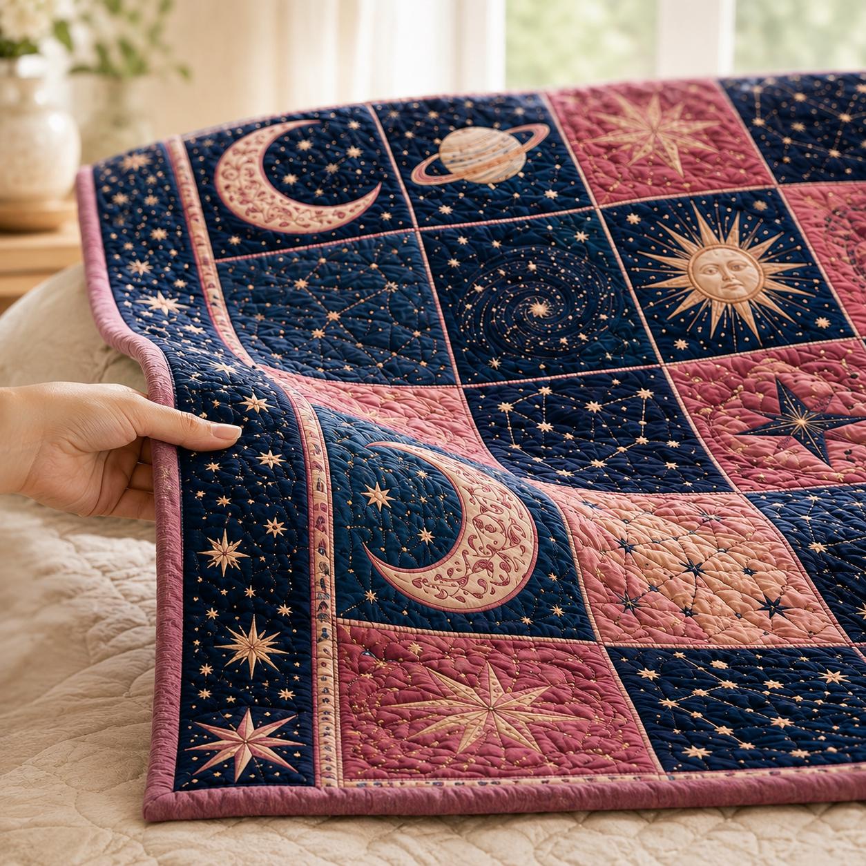 Quilt Blanket with Celestial Moon Stars Patchwork Bedding for Navy Cosmic Bedspread and Astronomy Quilts - photo 7