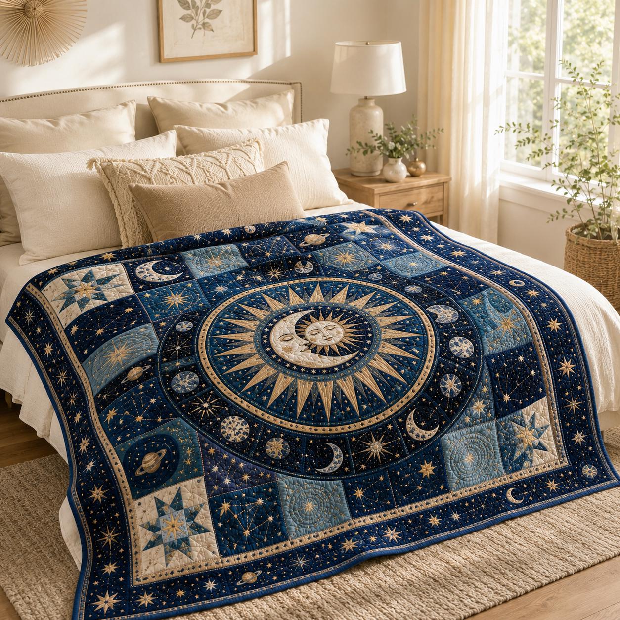 Quilt Blanket with Celestial Moon Stars Patchwork Bedding for Navy Cosmic Bedspread and Astronomy Quilts - photo 8
