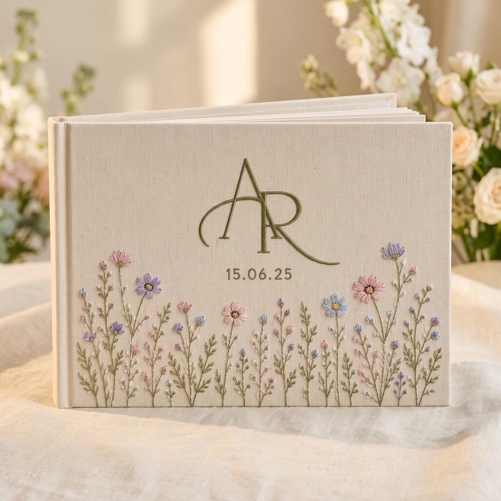 Personalized Hand-Embroidered Linen Wedding Guest Book and Photo Album – Custom Monogram Floral Bridal Keepsake with Wedding Date