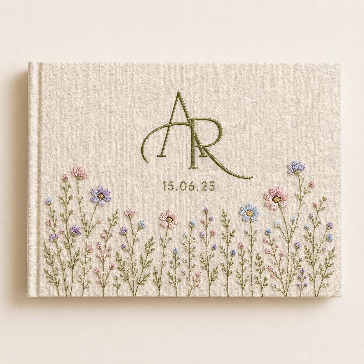 Personalized Hand-Embroidered Linen Wedding Guest Book and Photo Album – Custom Monogram Floral Bridal Keepsake with Wedding Date - photo 2