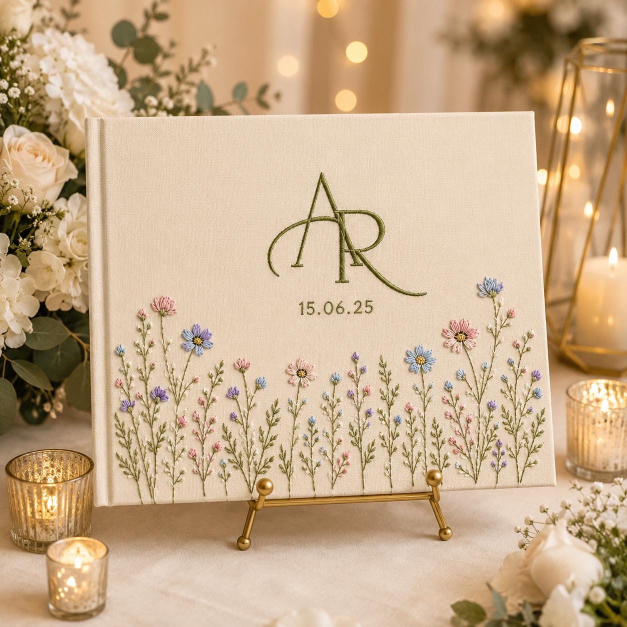 Personalized Hand-Embroidered Linen Wedding Guest Book and Photo Album – Custom Monogram Floral Bridal Keepsake with Wedding Date - photo 3