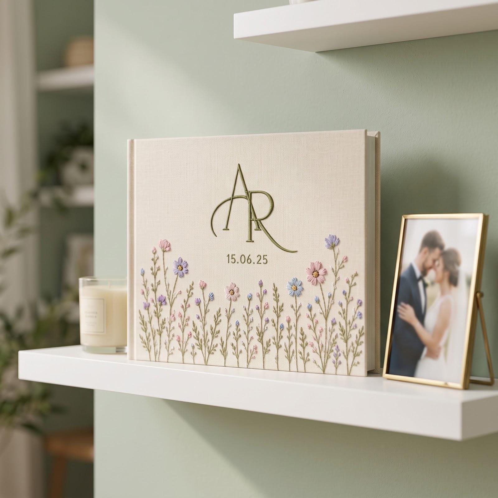 Personalized Hand-Embroidered Linen Wedding Guest Book and Photo Album – Custom Monogram Floral Bridal Keepsake with Wedding Date - photo 4
