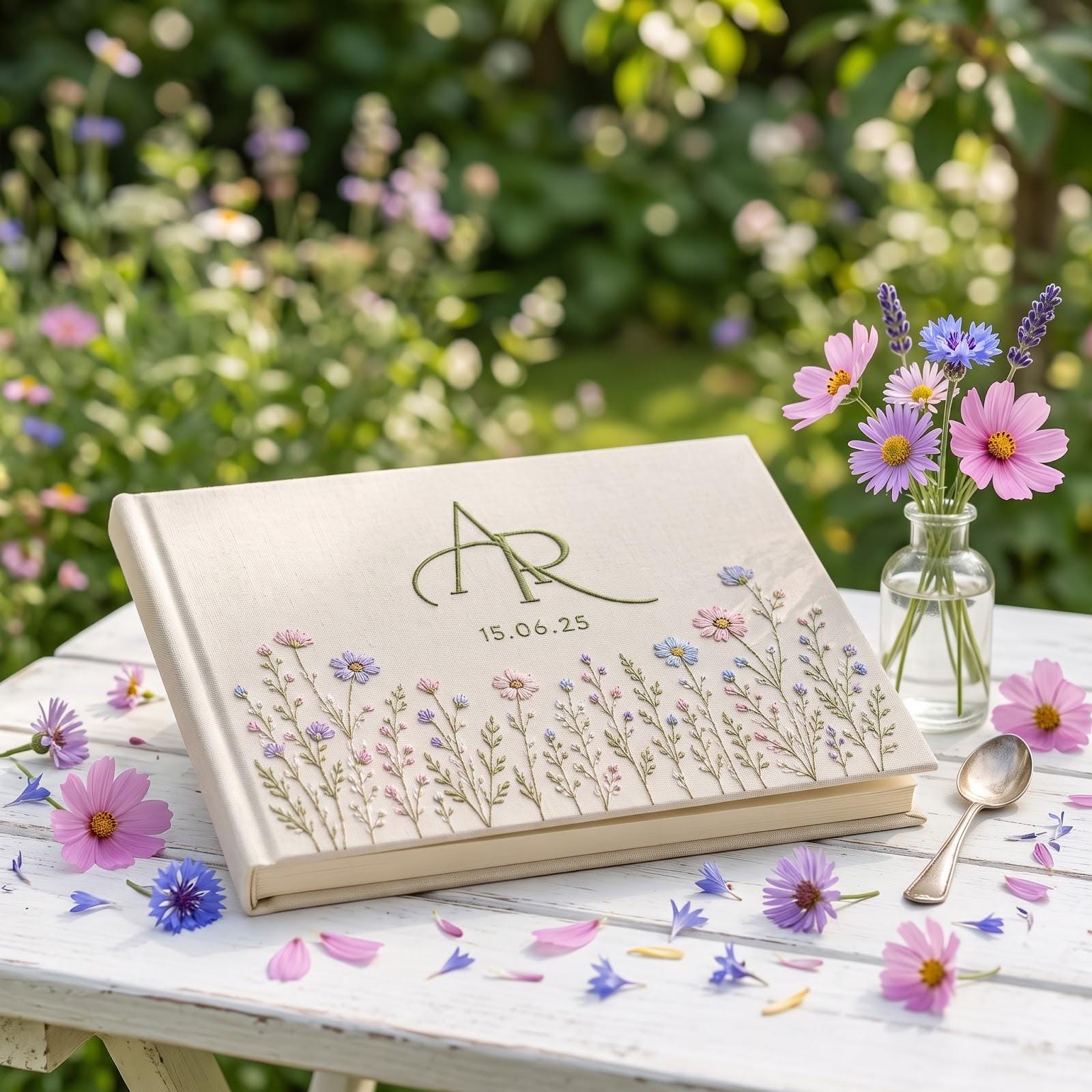 Personalized Hand-Embroidered Linen Wedding Guest Book and Photo Album – Custom Monogram Floral Bridal Keepsake with Wedding Date - photo 9