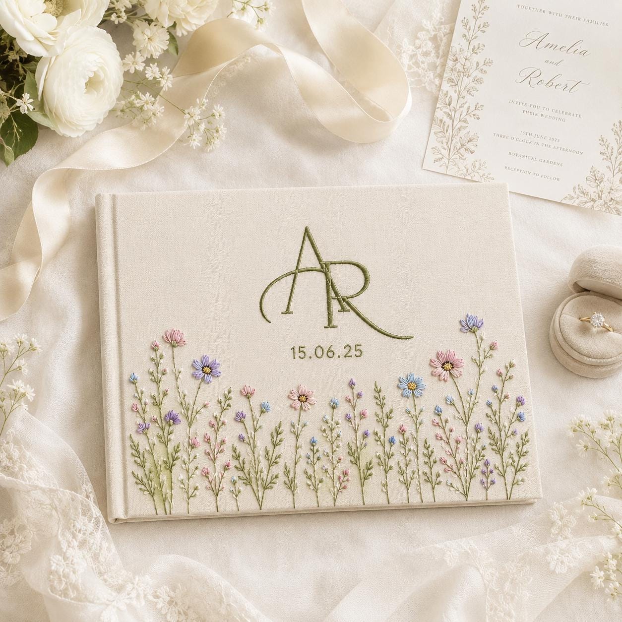 Personalized Hand-Embroidered Linen Wedding Guest Book and Photo Album – Custom Monogram Floral Bridal Keepsake with Wedding Date - photo 10