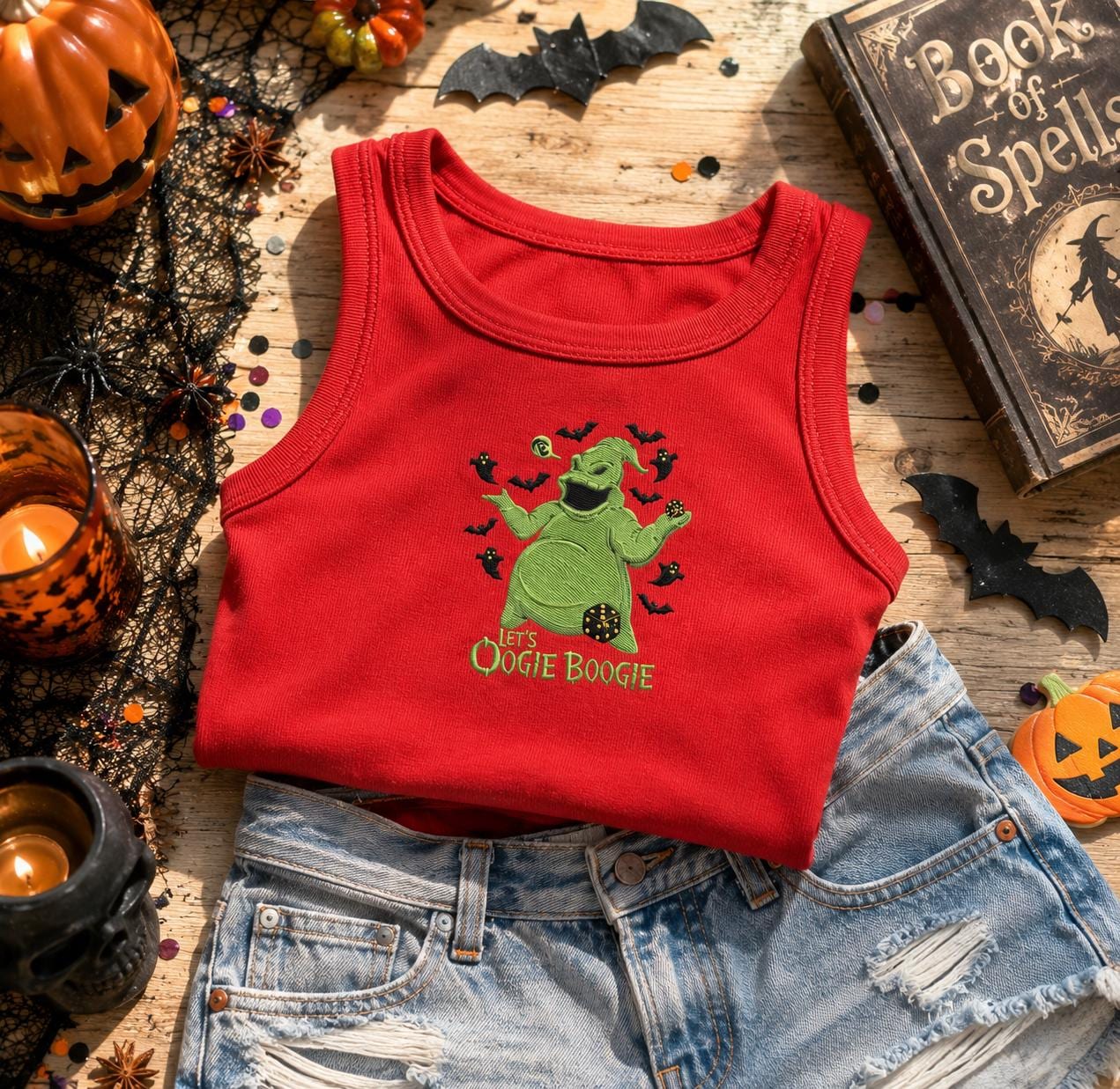 Let's Oogie Boogie Embroidered Tank Top with Nightmare Before Christmas – Disney Halloween Shirt Spooky Season Ribbed Crop Top Gift for Her