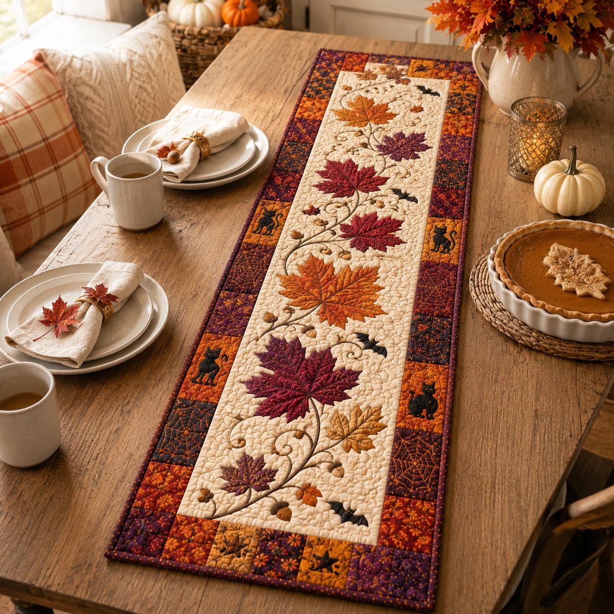 Quilted Style Table Runner and Table Runners for Fall – Rustic Farmhouse Home Gift with Autumn Maple Leaf and Leaves