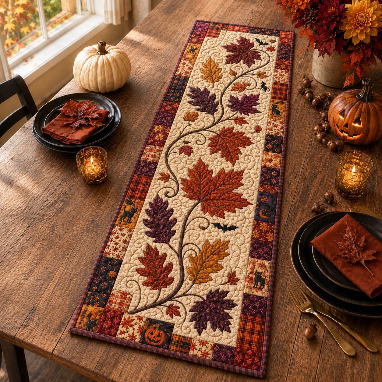 Quilted Style Table Runner and Table Runners for Fall – Rustic Farmhouse Home Gift with Autumn Maple Leaf and Leaves - photo 2