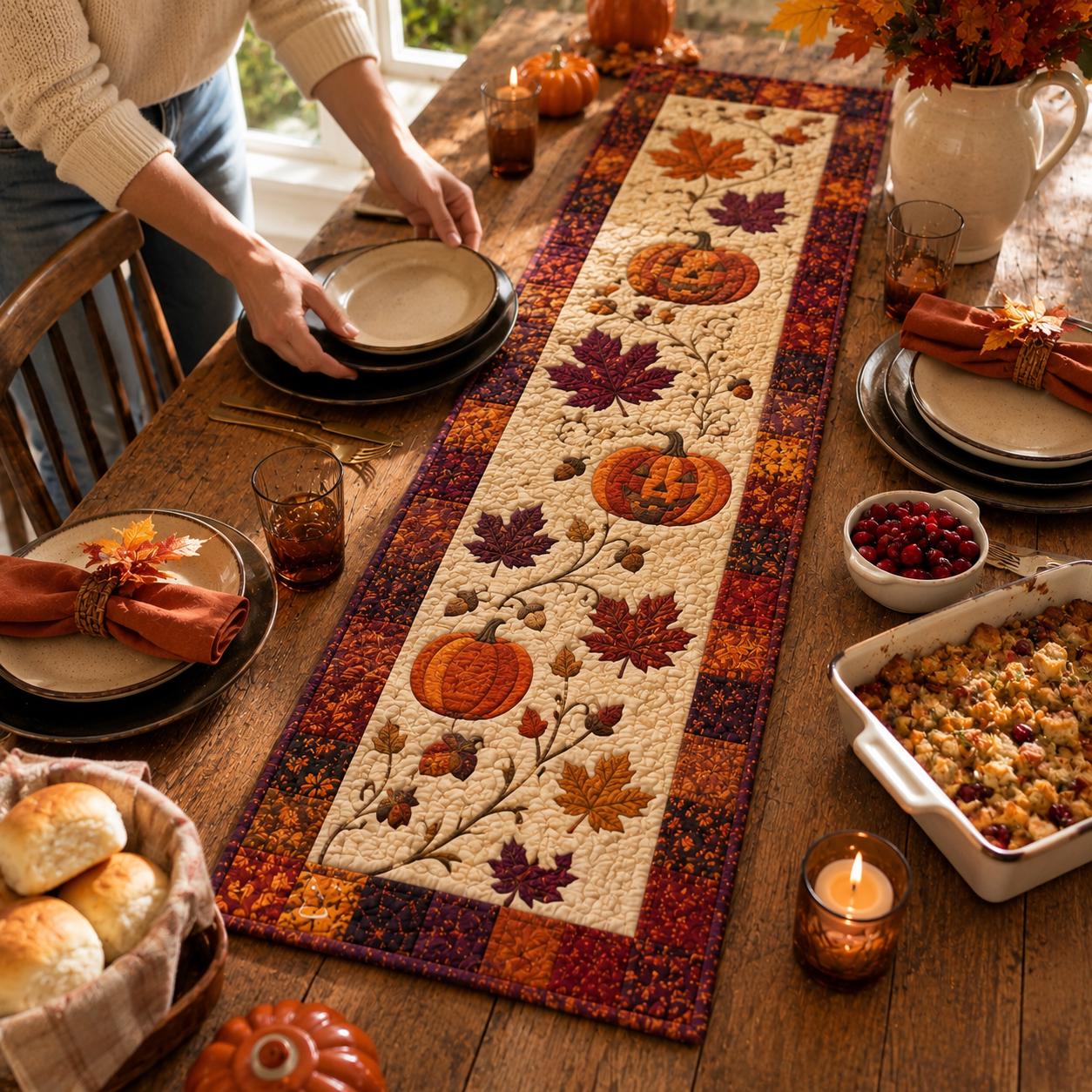 Quilted Style Table Runner and Table Runners for Fall – Rustic Farmhouse Home Gift with Autumn Maple Leaf and Leaves - photo 3