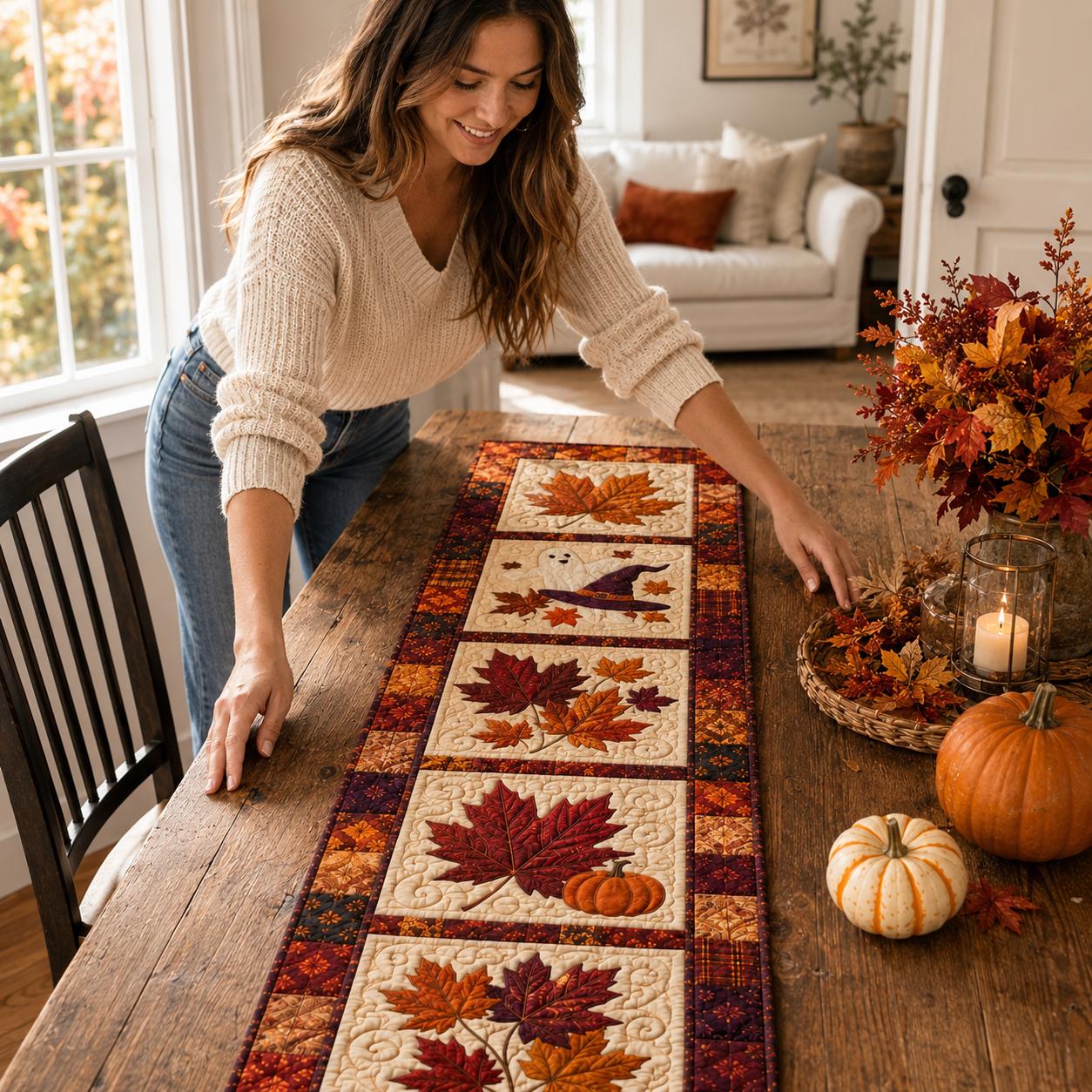 Quilted Style Table Runner and Table Runners for Fall – Rustic Farmhouse Home Gift with Autumn Maple Leaf and Leaves - photo 5