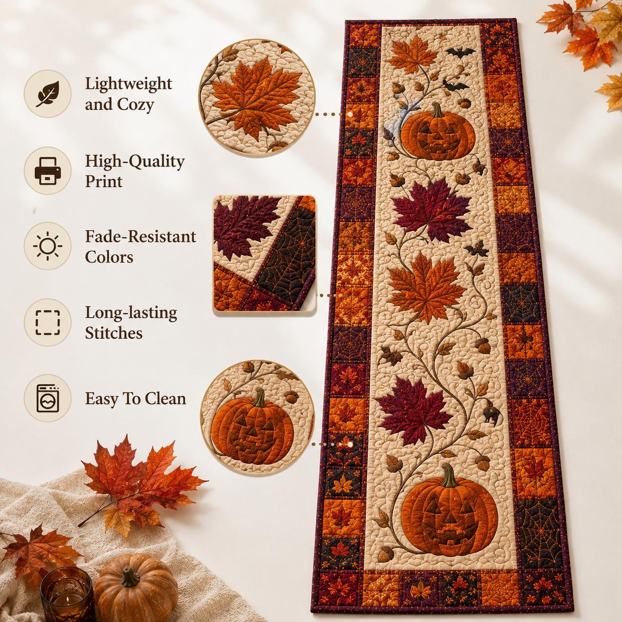 Quilted Style Table Runner and Table Runners for Fall – Rustic Farmhouse Home Gift with Autumn Maple Leaf and Leaves - photo 7