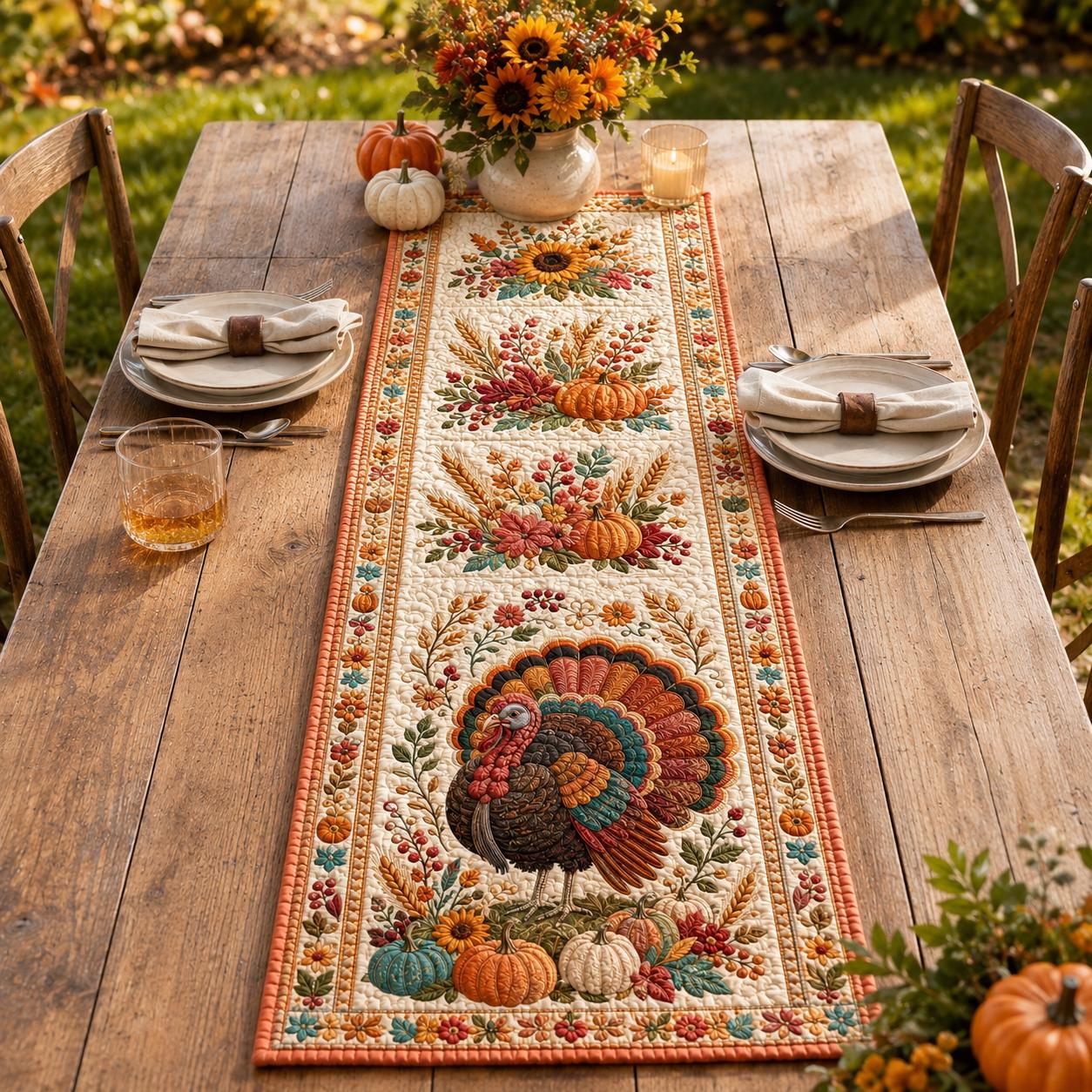Thanksgiving Turkey Quilted Style Table Runner and Table Runners – Fall Harvest Decor with Autumn Leaf Print