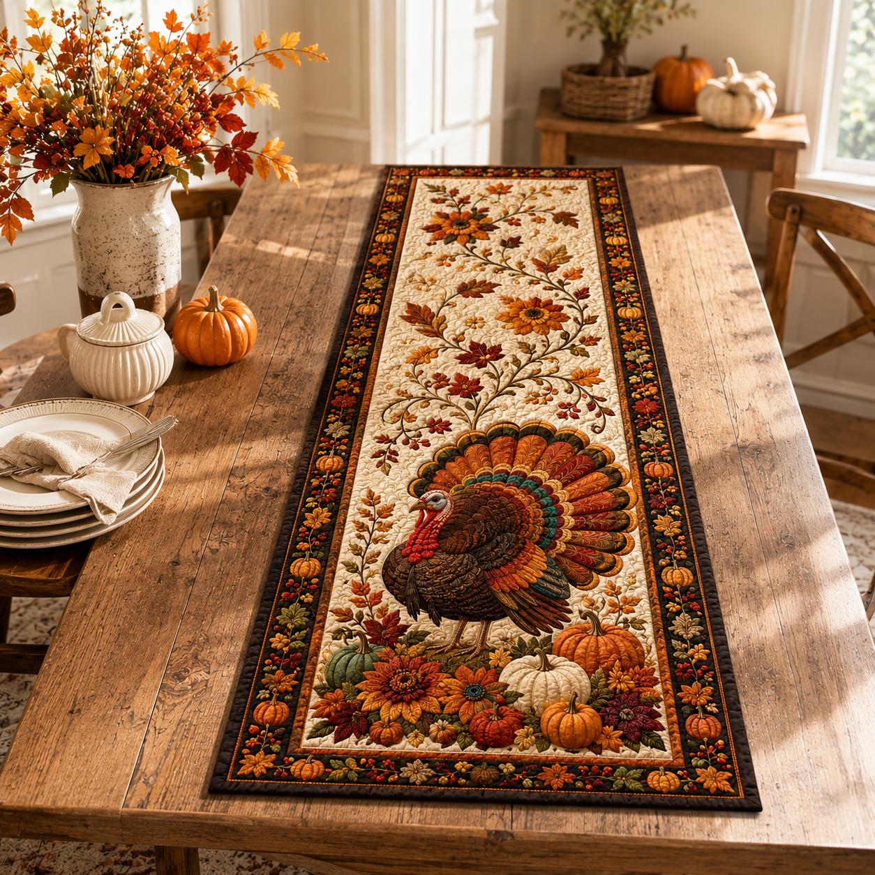 Thanksgiving Turkey Quilted Style Table Runner and Table Runners – Fall Harvest Decor with Autumn Leaf Print - photo 2