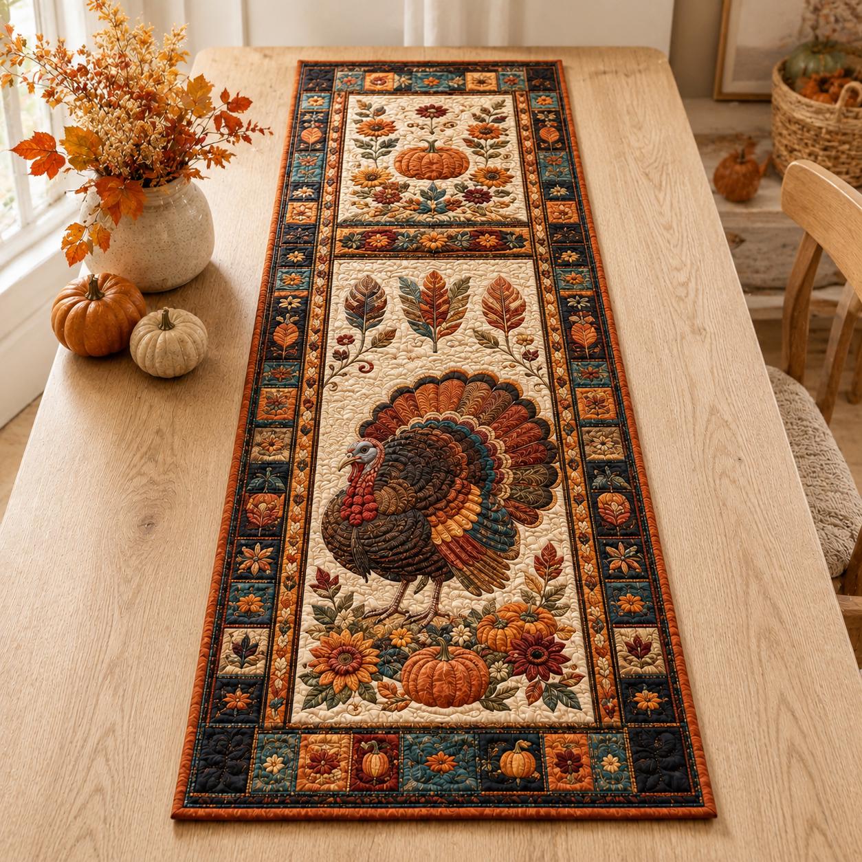 Thanksgiving Turkey Quilted Style Table Runner and Table Runners – Fall Harvest Decor with Autumn Leaf Print - photo 3