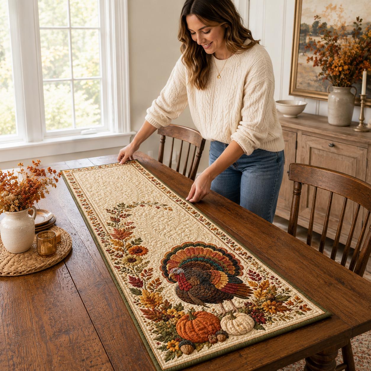 Thanksgiving Turkey Quilted Style Table Runner and Table Runners – Fall Harvest Decor with Autumn Leaf Print - photo 5